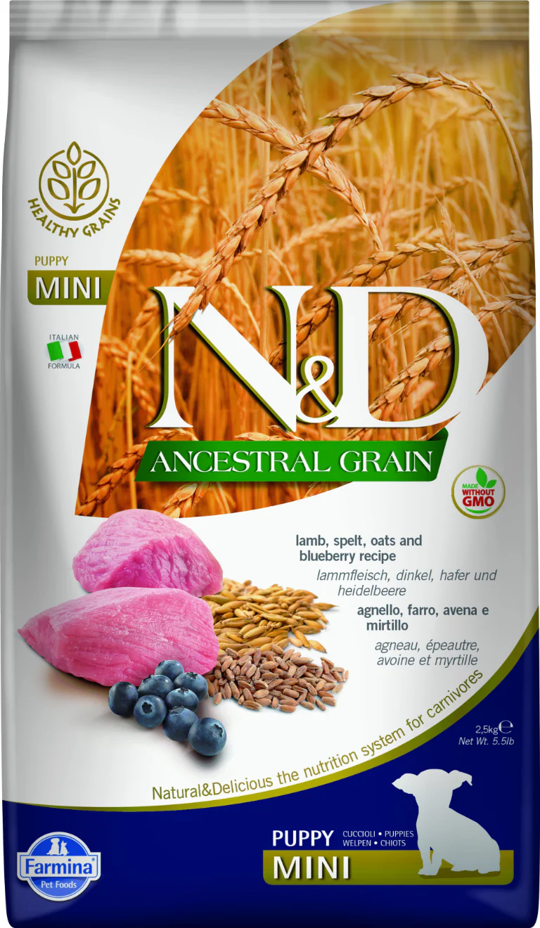 Nourriture sèche pour chiots Farmina N&D Grains ancestraux.Recette agneau et bleuets. Choix de formats. Choix de races.